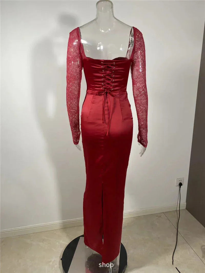 Square Collar Lace-Up Backless Long Sleeve Maxi Dress