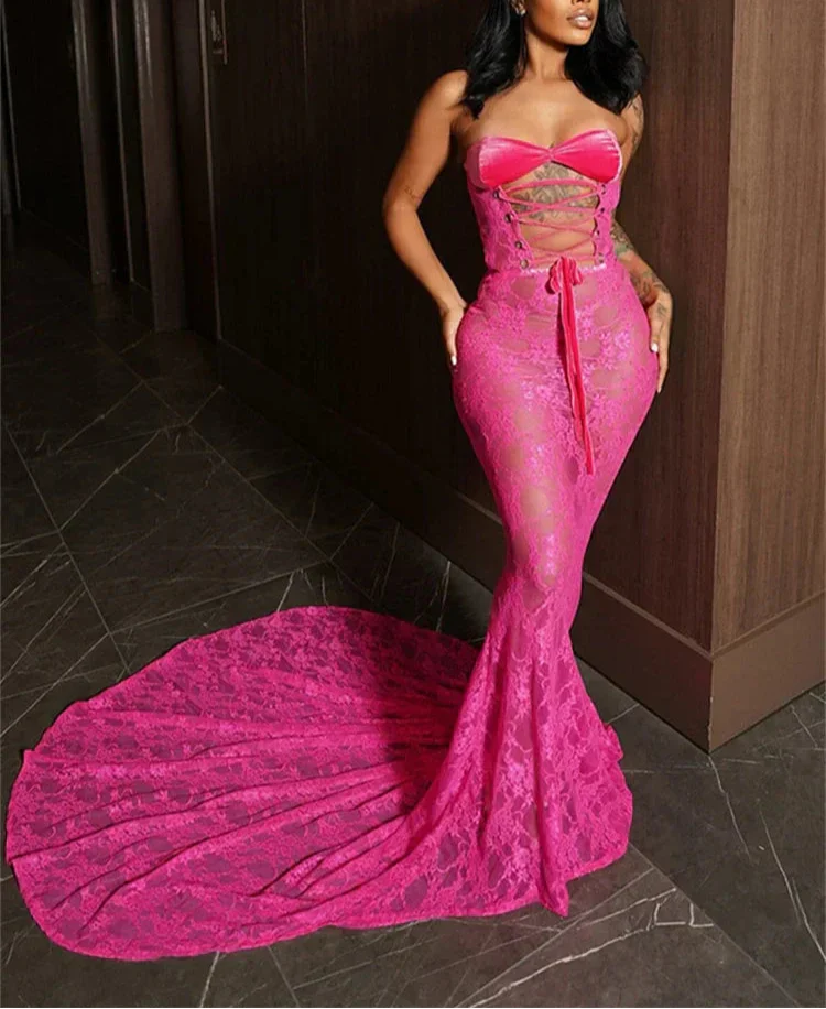Lace Up Hollow Out Corset Tube Maxi Dress