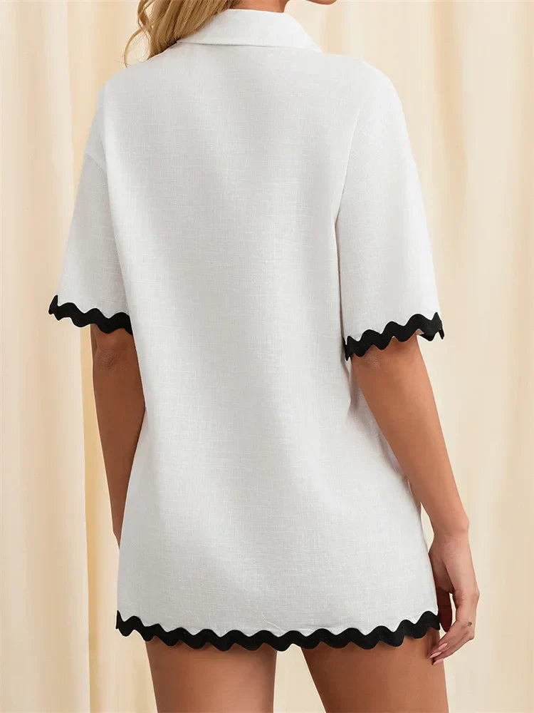 Contrast Short Sleeve Turn-Down Collar Mini Dress