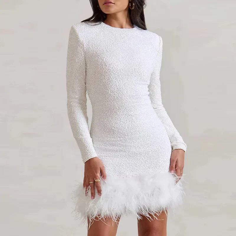 Long Sleeve Slim  Sequins Feather Dress