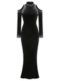Long Sleeve Black Velvet Pearl Maxi Dress