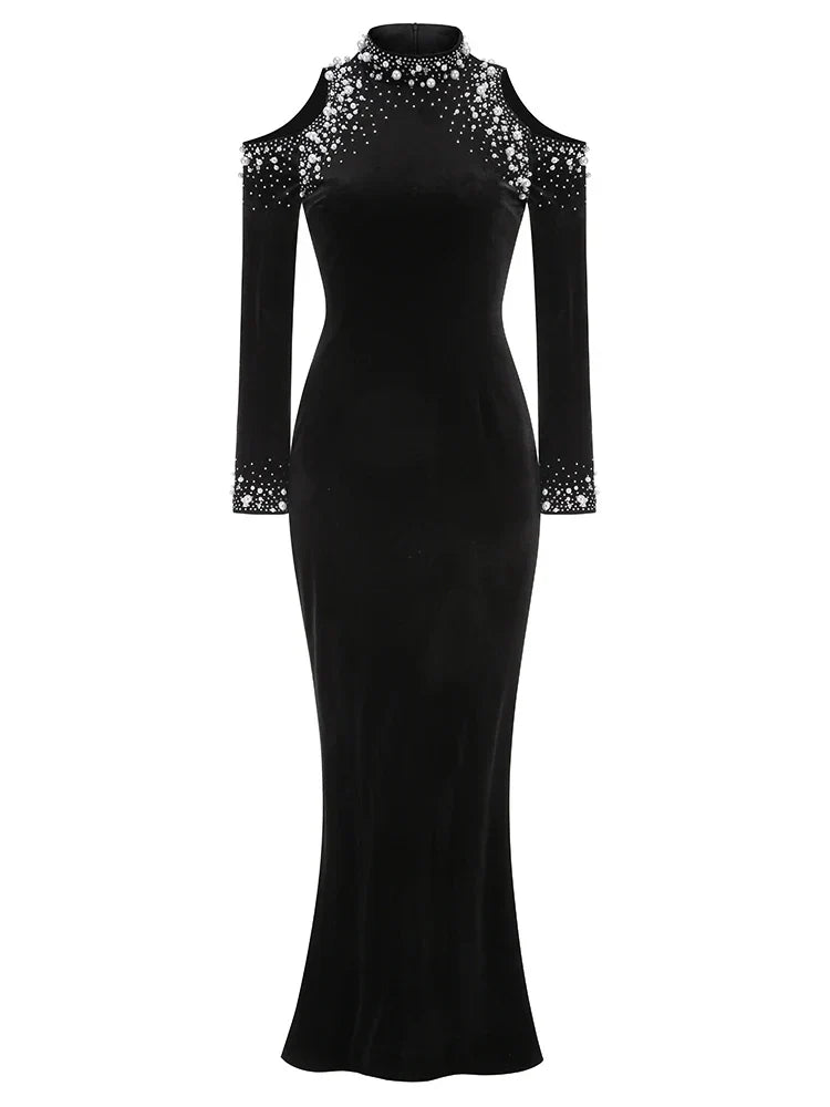 Long Sleeve Black Velvet Pearl Maxi Dress