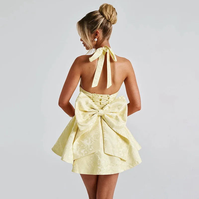 Women's Bow Deep V Halter Backless A-line Dress