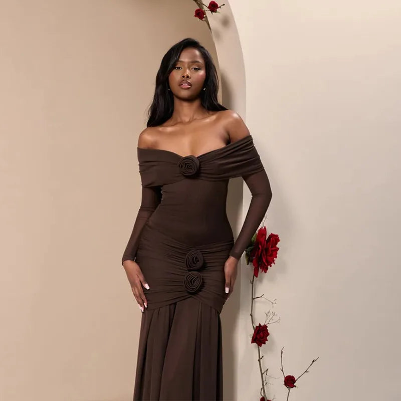 3D Flower-appliqué Mesh Long Sleeve Fishtail Maxi Dress