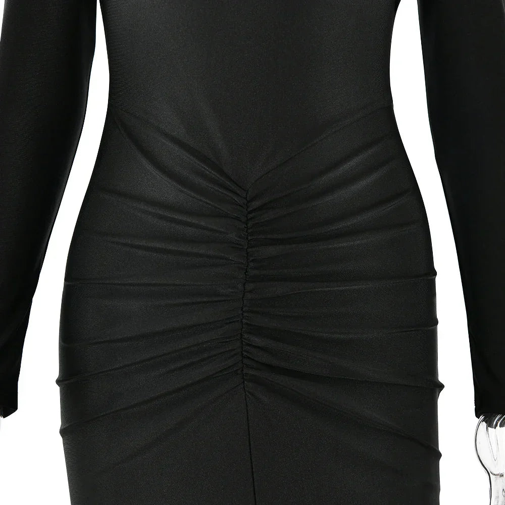 Long Sleeved Pleated Hollowed Out Maxi Dress