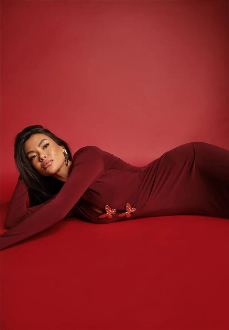 Two Butterfly Long Sleeve Maxi Dress