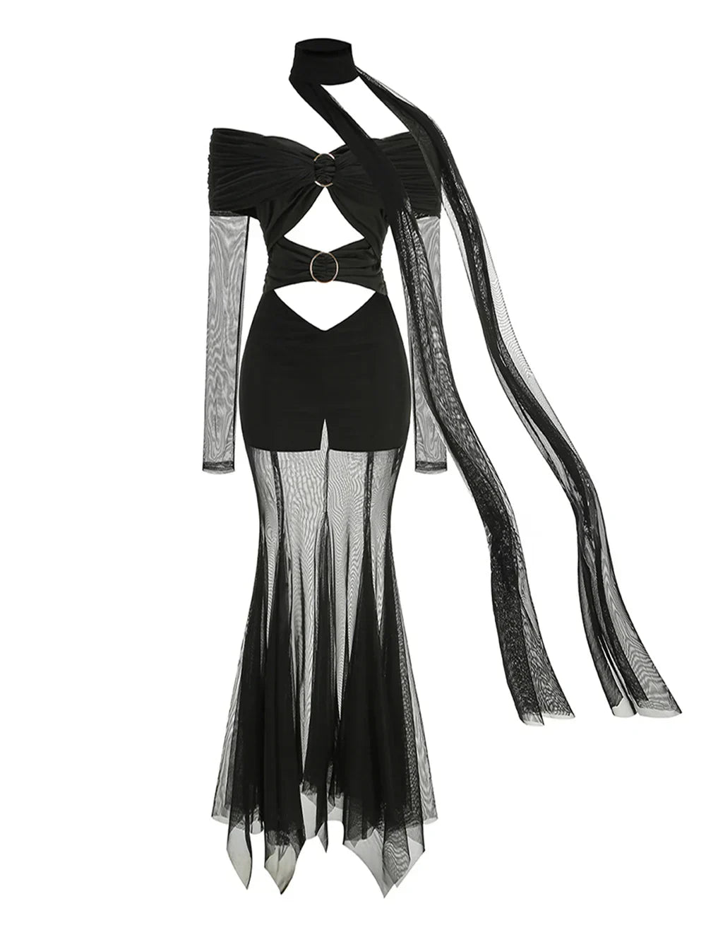 Off The Shoulder Mesh Folded Scarf Maxi Dress