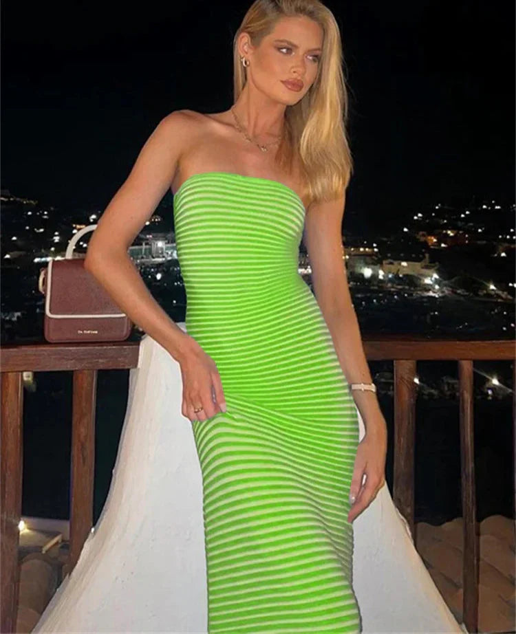 Knitted Striped Strapless Maxi Dress