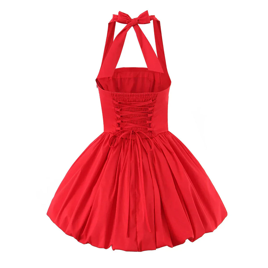 Bow Halter Slash Collar Lacing-Up Back Mini Dress