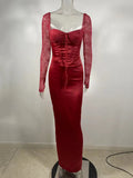 Square Collar Lace-Up Backless Long Sleeve Maxi Dress