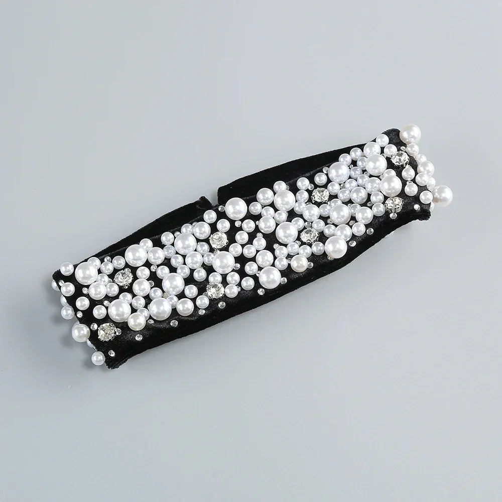 Strapless Pearl Diamond Black Velvet Beaded Maxi Dress