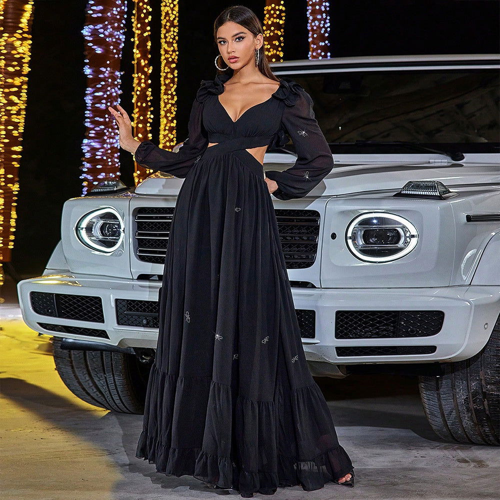 Elegant Dress Chiffon Stitching Cropped Outfit Large Swing Cocktail Formal Maxi Dress