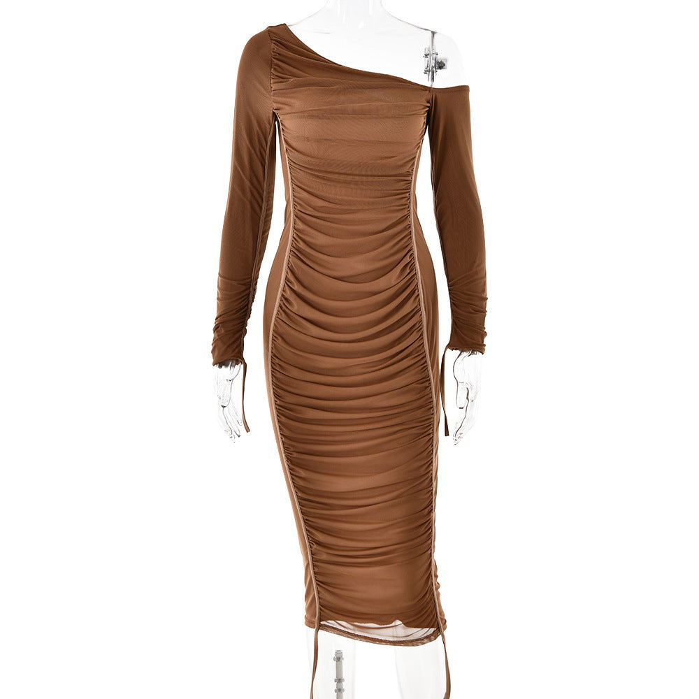 Dress Mesh Stitching One Shoulder Cold Shoulder Slim Fit Maxi Dress