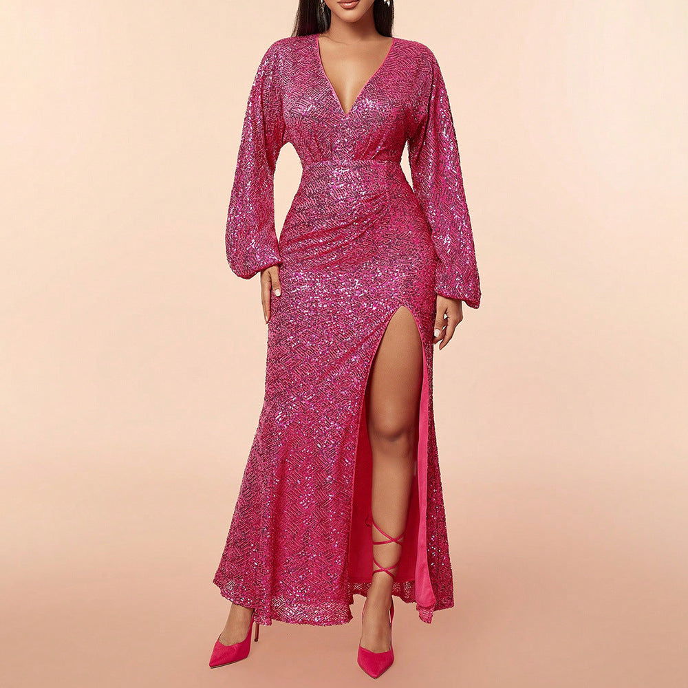 Elegant Dress Sequ Deep V Plunge Split Long Sleeve Maxi Dress