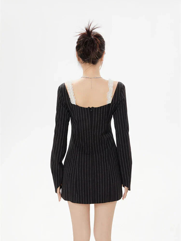 Striped Lace Strap Bow Mini Dress