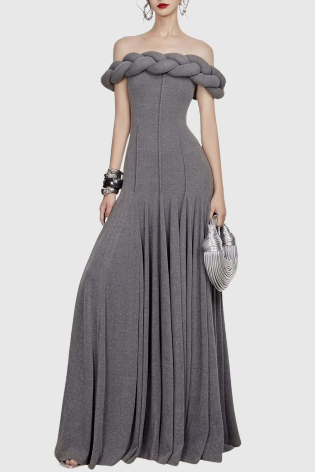 Esmere Off Shoulder Braid Knit Maxi Dress - Grey