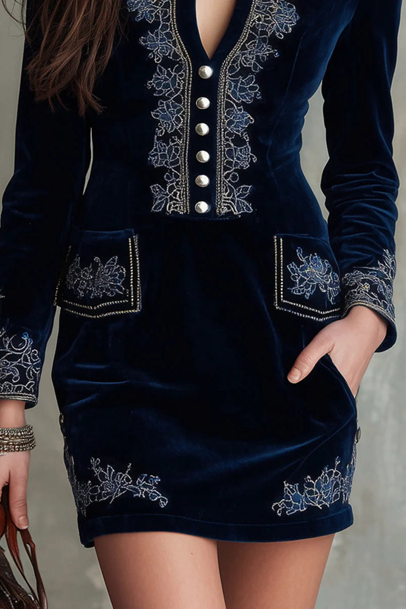 Vintage Embroidered Fitted Velvet Mini Dress
