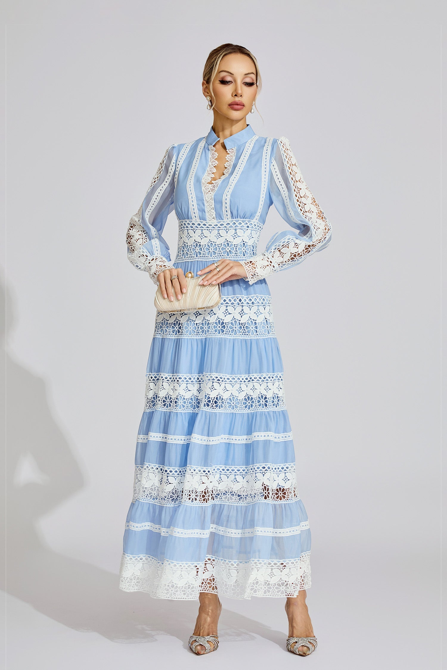 Xena Blue Lace V-Neck French Maxi Dress