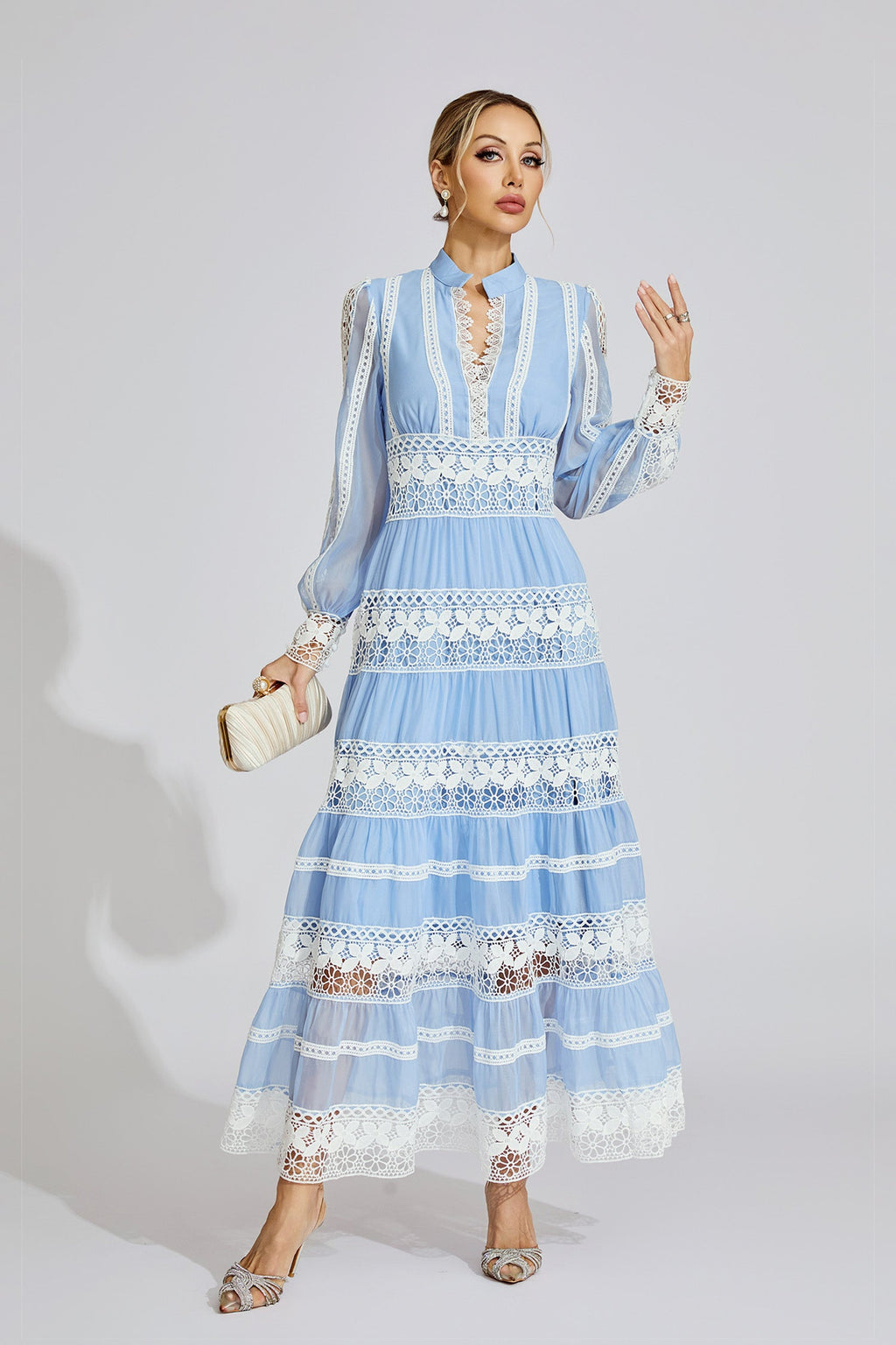 Xena Blue Lace V-Neck French Maxi Dress