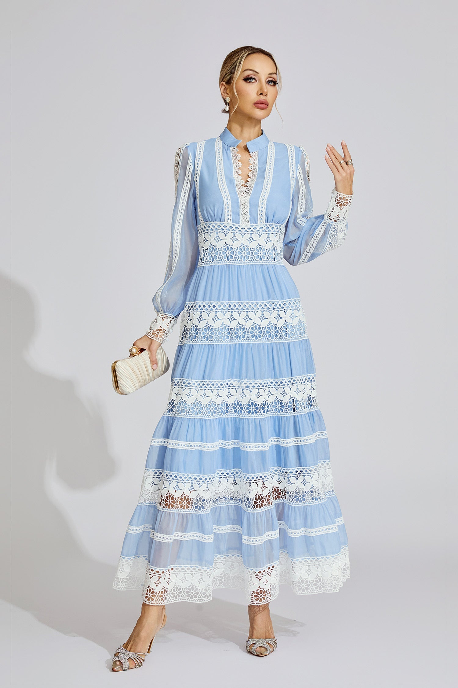 Xena Blue Lace V-Neck French Maxi Dress