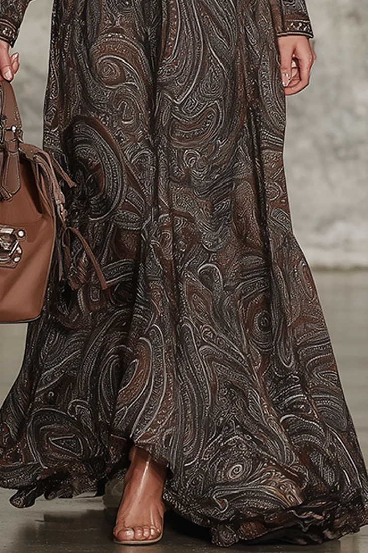 Elegant Vintage Paisley Zip Maxi Dress