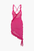 Sheer Mesh Ruffle Trim Asymmetrical Cross Backless Mini Dress