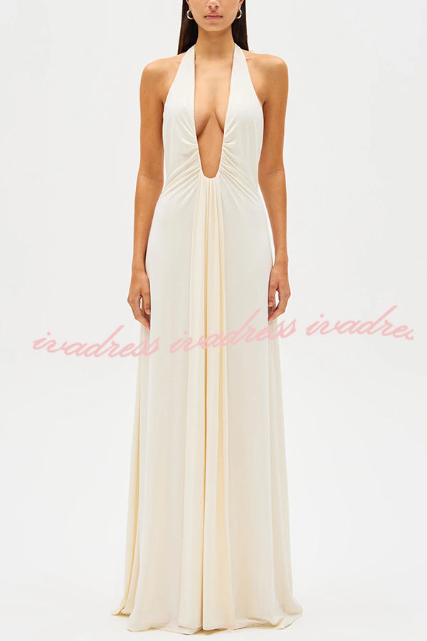 Sexy Silhouette Deep U-neck Halter Waterfall Sash Drape Maxi Dress