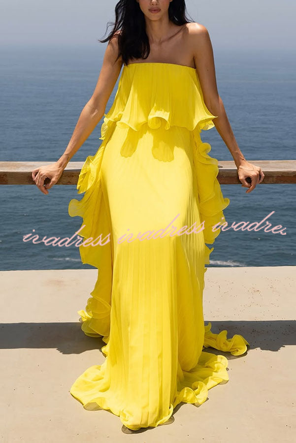 Reina Chiffon Pleated Wavy Ruffles Trim Strapless Loose Maxi Dress