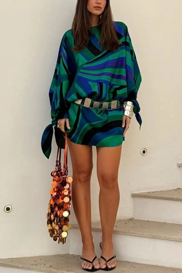 Micah Satin Unique Print Slit Tie-up Sleeve Shift Kaftan Mini Dress