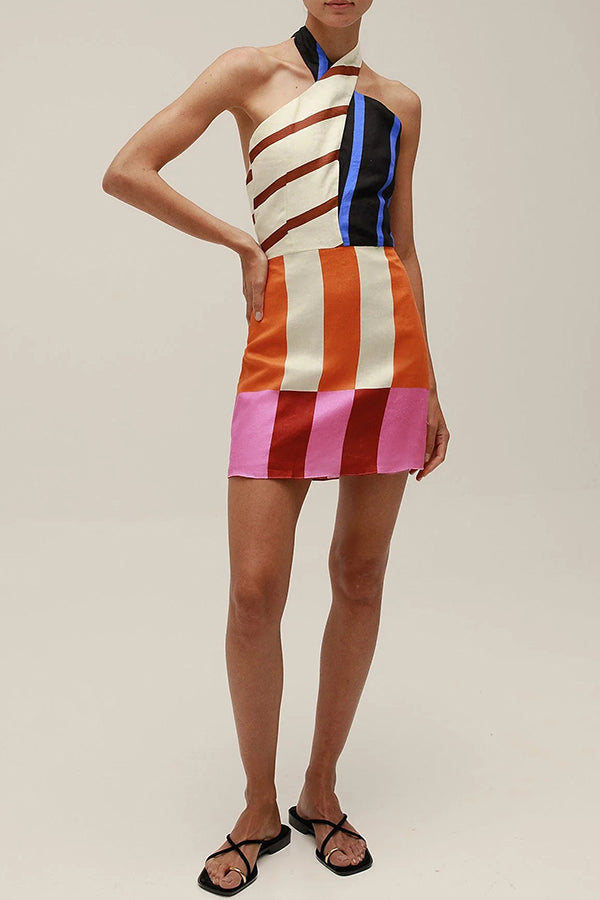 Jeniah Linen Blend Color Block Print Cross Halter Tie-up Loose Mini Dress