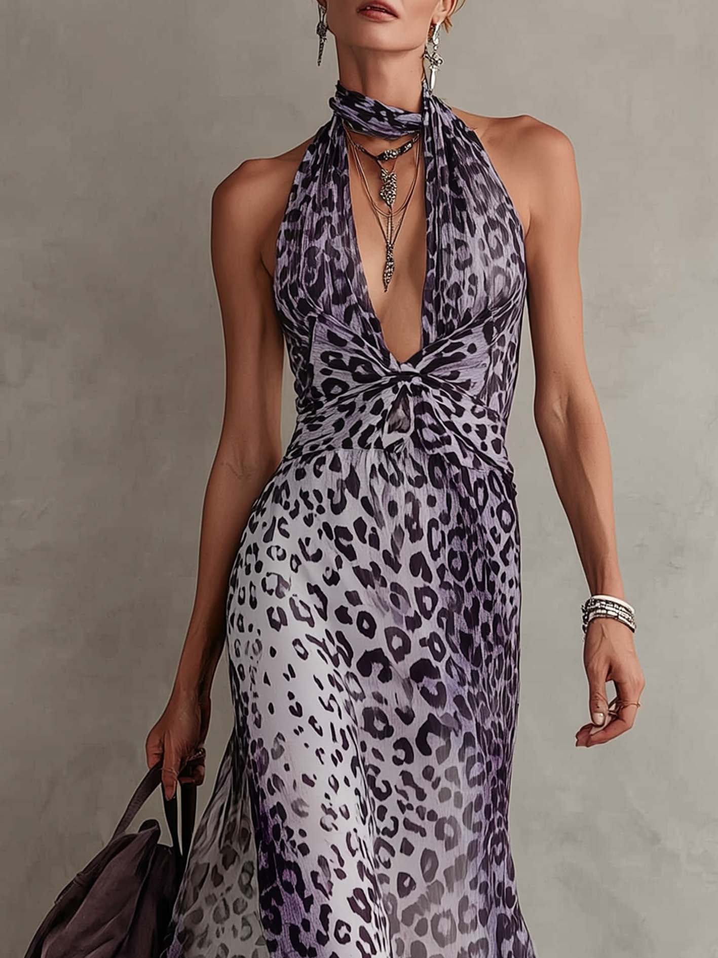 Gradient Purple Leopard Print Chiffon Sleeveless Maxi Dress With Side Slit