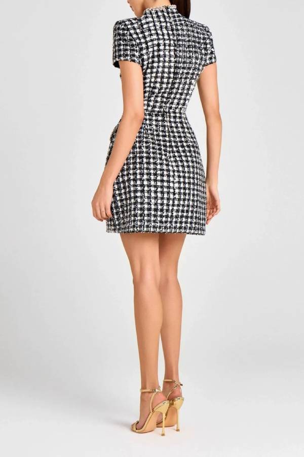 Round-neck beaded plaid Chanel-style mini dress