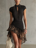 Black High-Neck Ruched Mini Dress With Asymmetric Printed Chiffon Hem