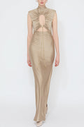 Genis Hollow Elastic Bust High Neck Sleeveless Gathered Maxi Dress