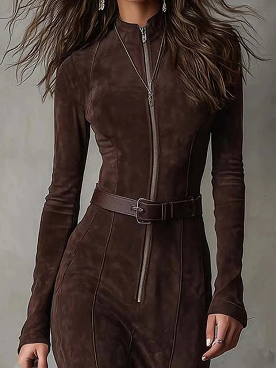 Daily Army Green Stand-Up Collar Long Sleeve Split Western Zipper Chamois Maxi Dresses