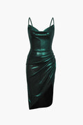 Metallic Draped Neck Ruched Wrap Mini Dress