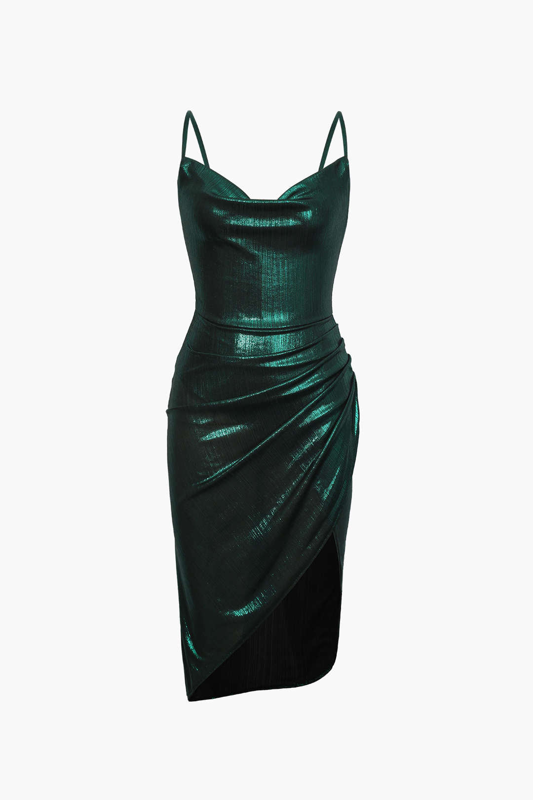 Metallic Draped Neck Ruched Wrap Mini Dress