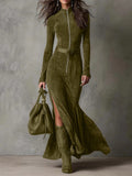 Daily Army Green Stand-Up Collar Long Sleeve Split Western Zipper Chamois Maxi Dresses