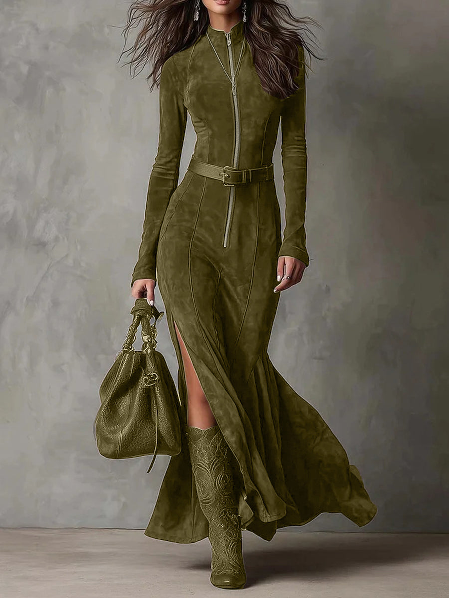 Daily Army Green Stand-Up Collar Long Sleeve Split Western Zipper Chamois Maxi Dresses