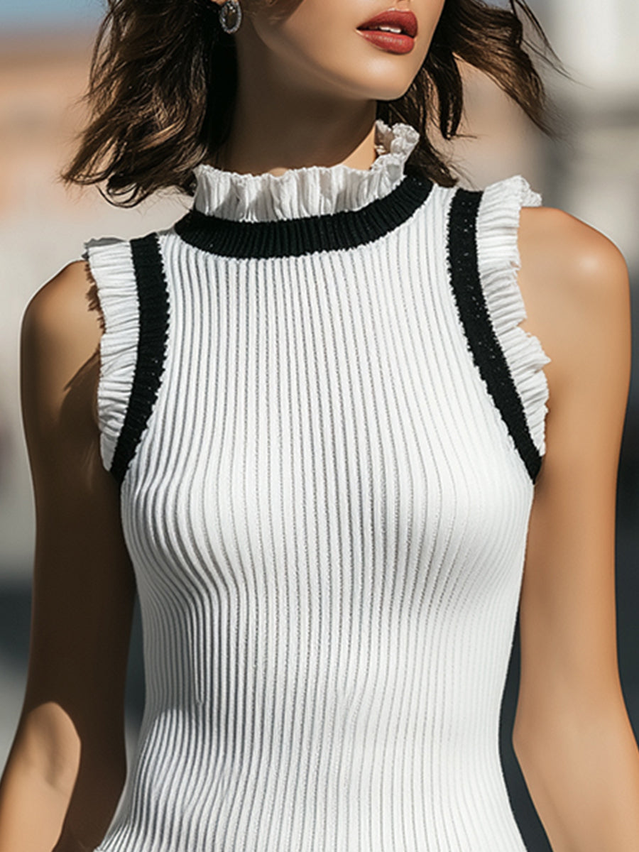 Sophisticated Ruffle-Trim Ribbed Knit Mini Dress