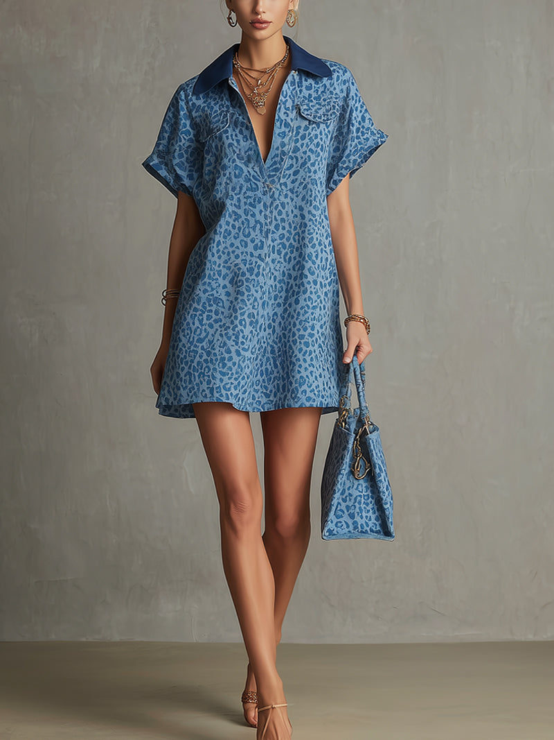 Blue Leopard Print Linen Mini Shirt Dress With Contrast Collar