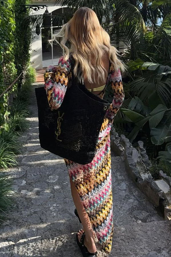 Jensin Knit Colorful Zigzag Pattern Long Sleeve Open Back Slit Vacation Maxi Dress
