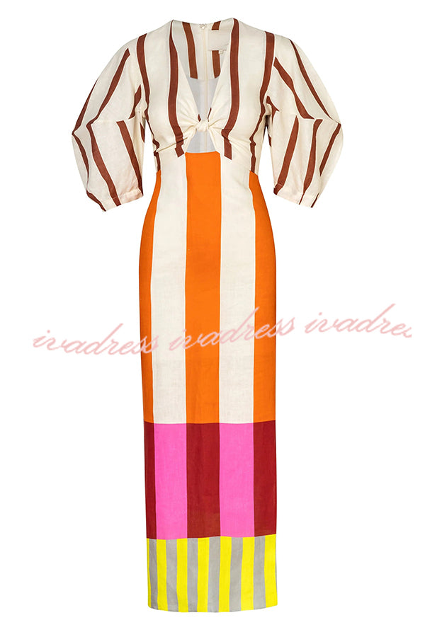 Kaya Linen Blend Color Block Print Front Cutout Knot Puff Sleeve Maxi Dress