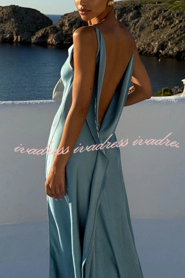 Flowing Elegance Satin Draped Neck Backless Ruffle Slit Maxi Dress
