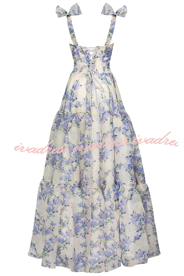 Fairytale Itself Organza Floral Print Tie Strap Maxi Dress