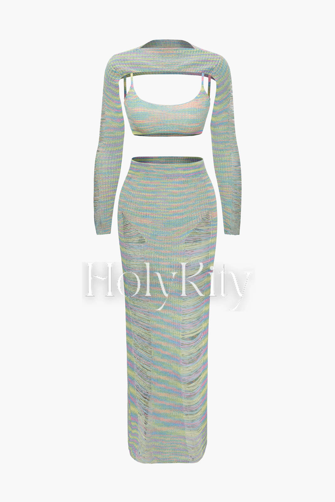 Knit Bra Top And Destroyed Knit Maxi Skirt And Shrug 3pc Set