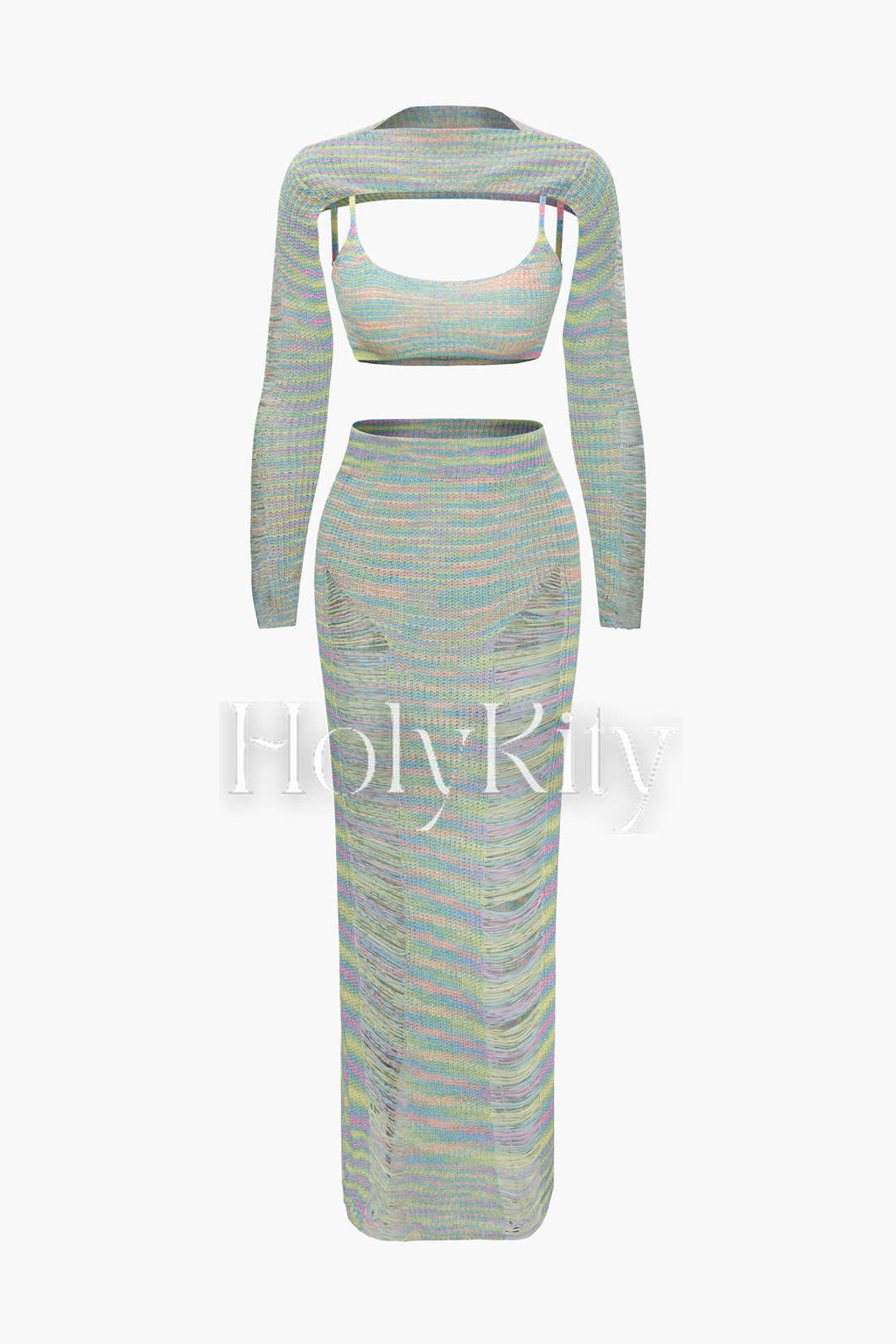 Knit Bra Top And Destroyed Knit Maxi Skirt And Shrug 3pc Set