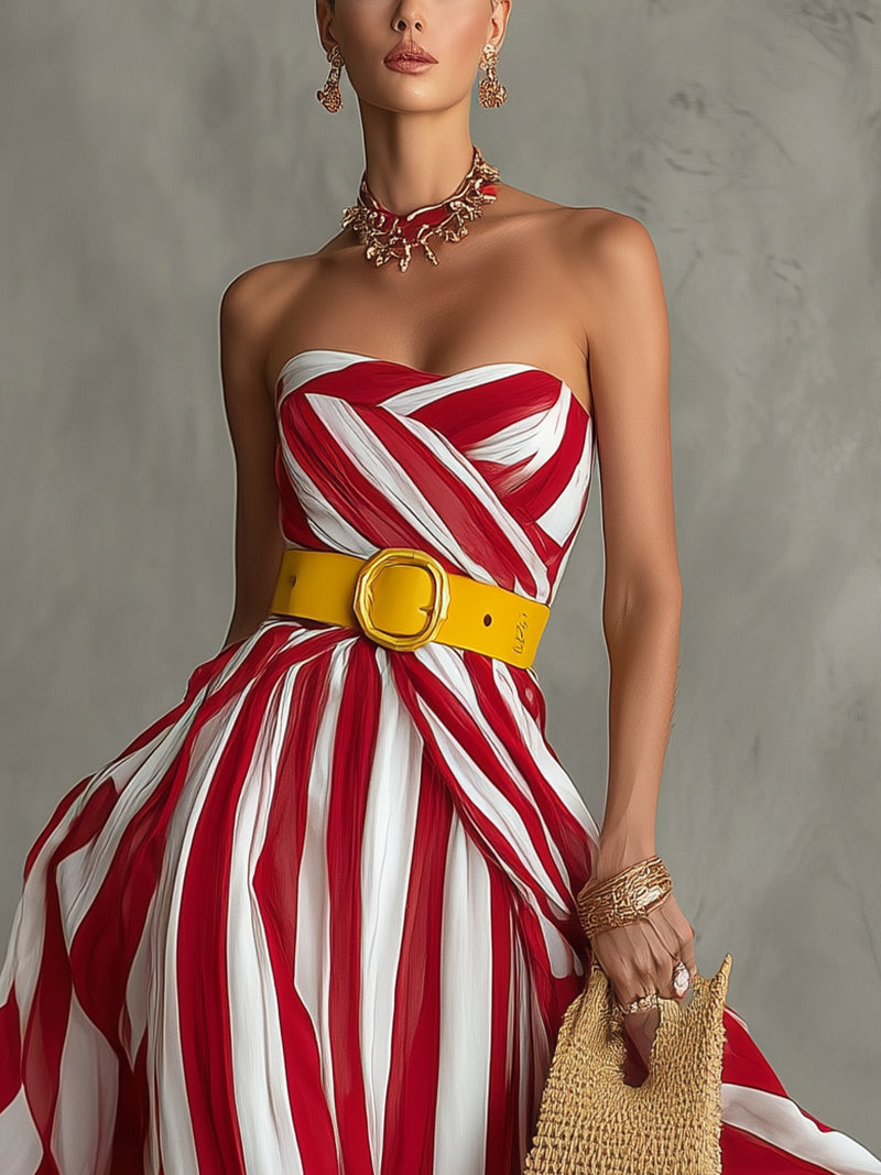 Red And White Striped Pleated Strapless Maxi Dress