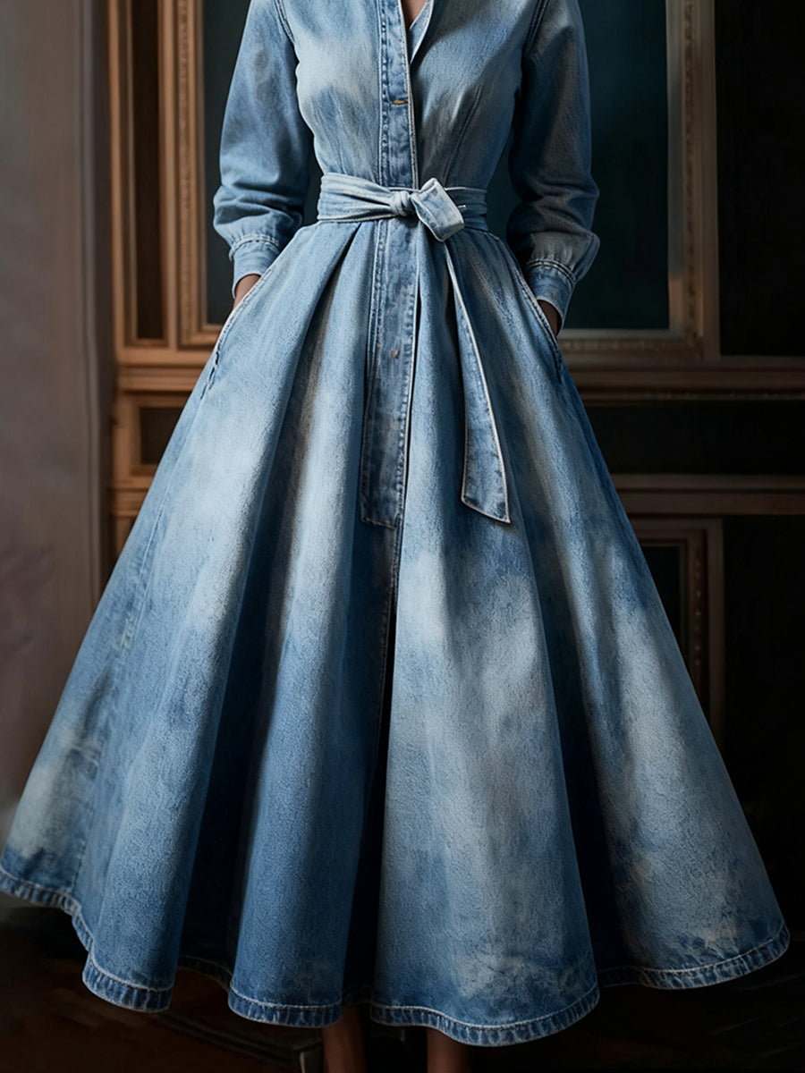 sheenchic Light Blue Denim Stand Collar Long Sleeve Pocket Pleated Belt Maxi Dress