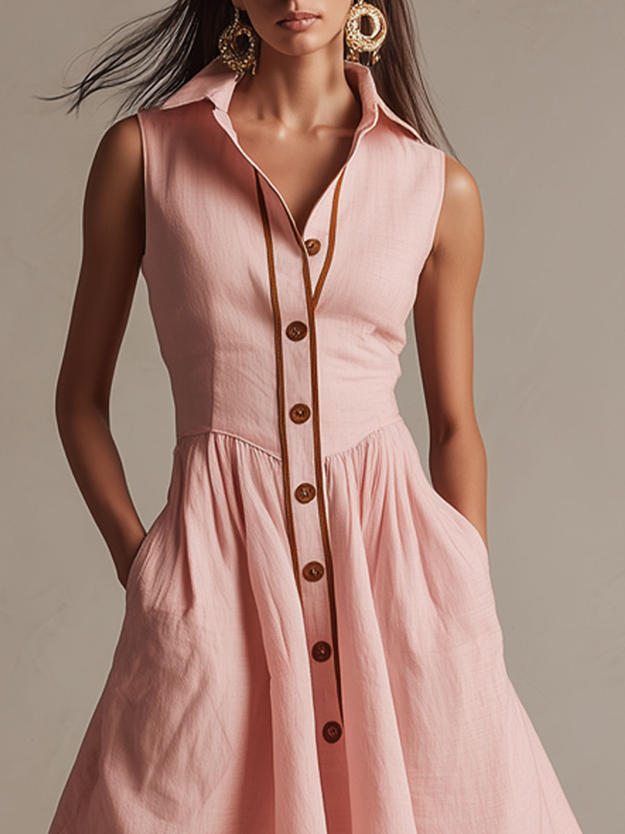 Vacation Retro Brown Trim Pink Cotton Sleeveless Mini Dress
